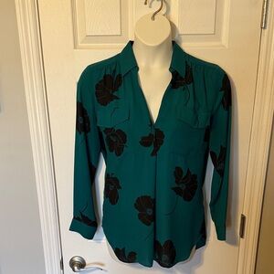 Ann Taylor Teal and Black Floral Blouse